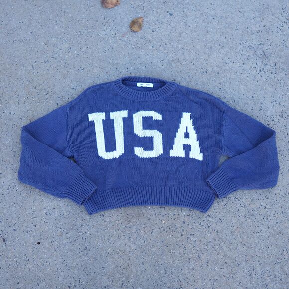 Grayson Threads USA Cropped Knit Sweater XS Blue Graphic Cotton Y2K Preppy - Picture 2 of 12